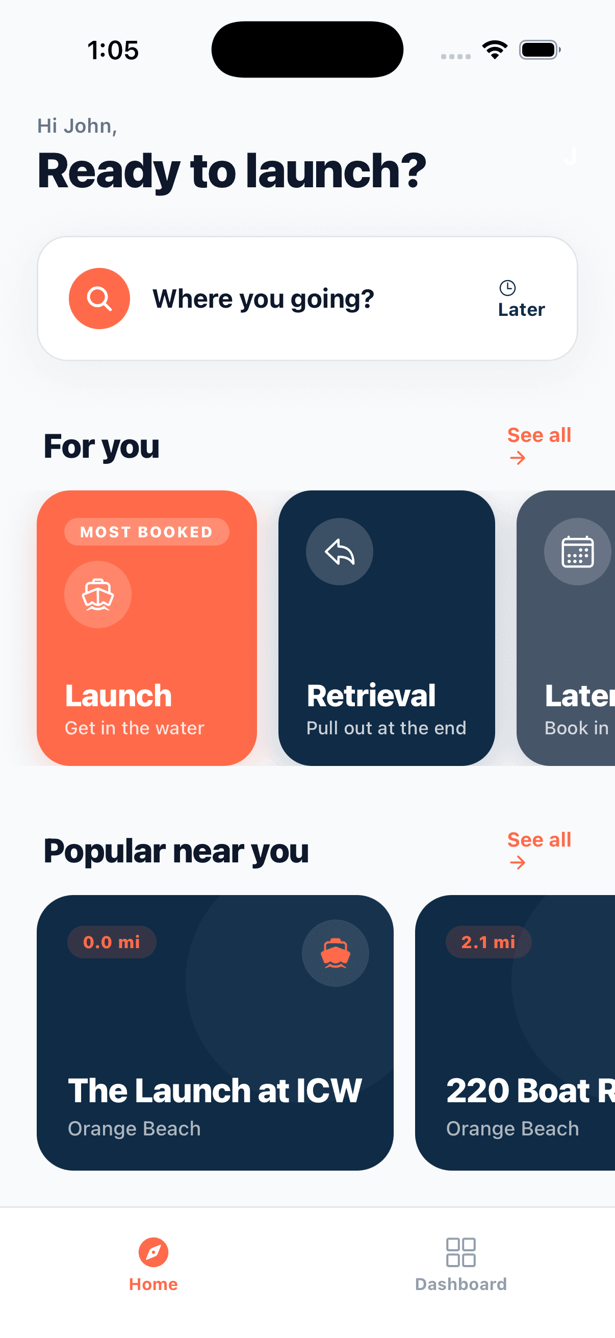 Hitched app home screen: ready to launch, with nearby ramps