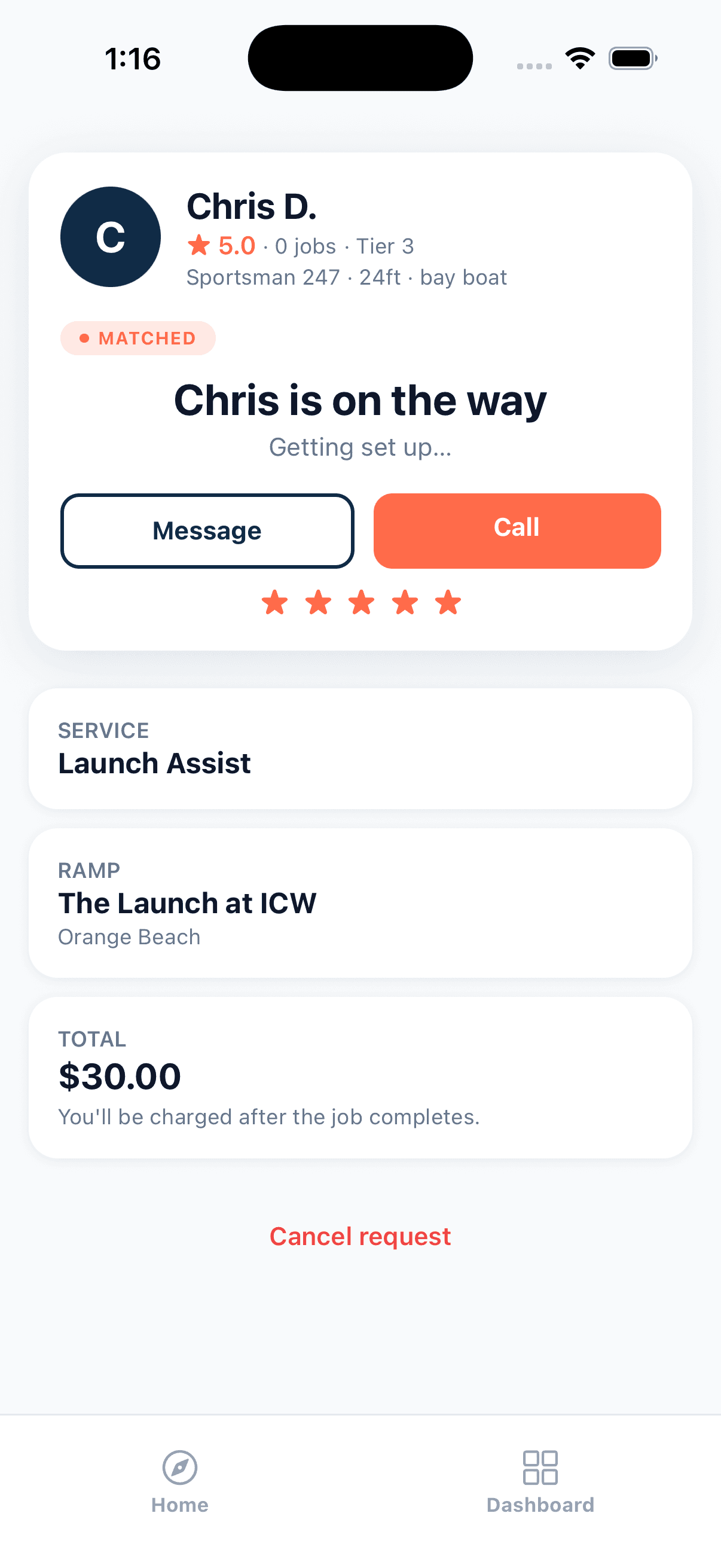 Hitched app screenshot: matched helper on the way with message and call buttons