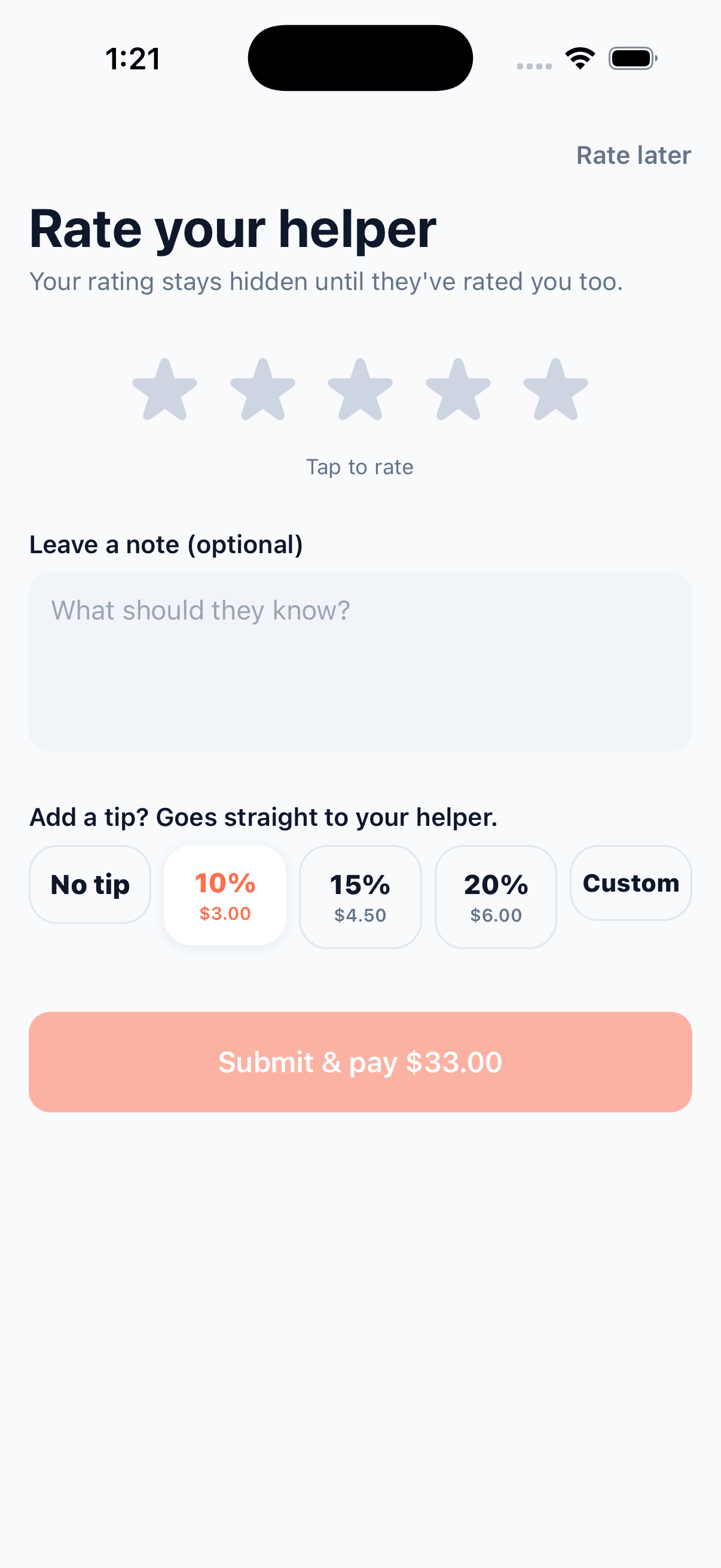 Hitched app screenshot: rating your helper after the job