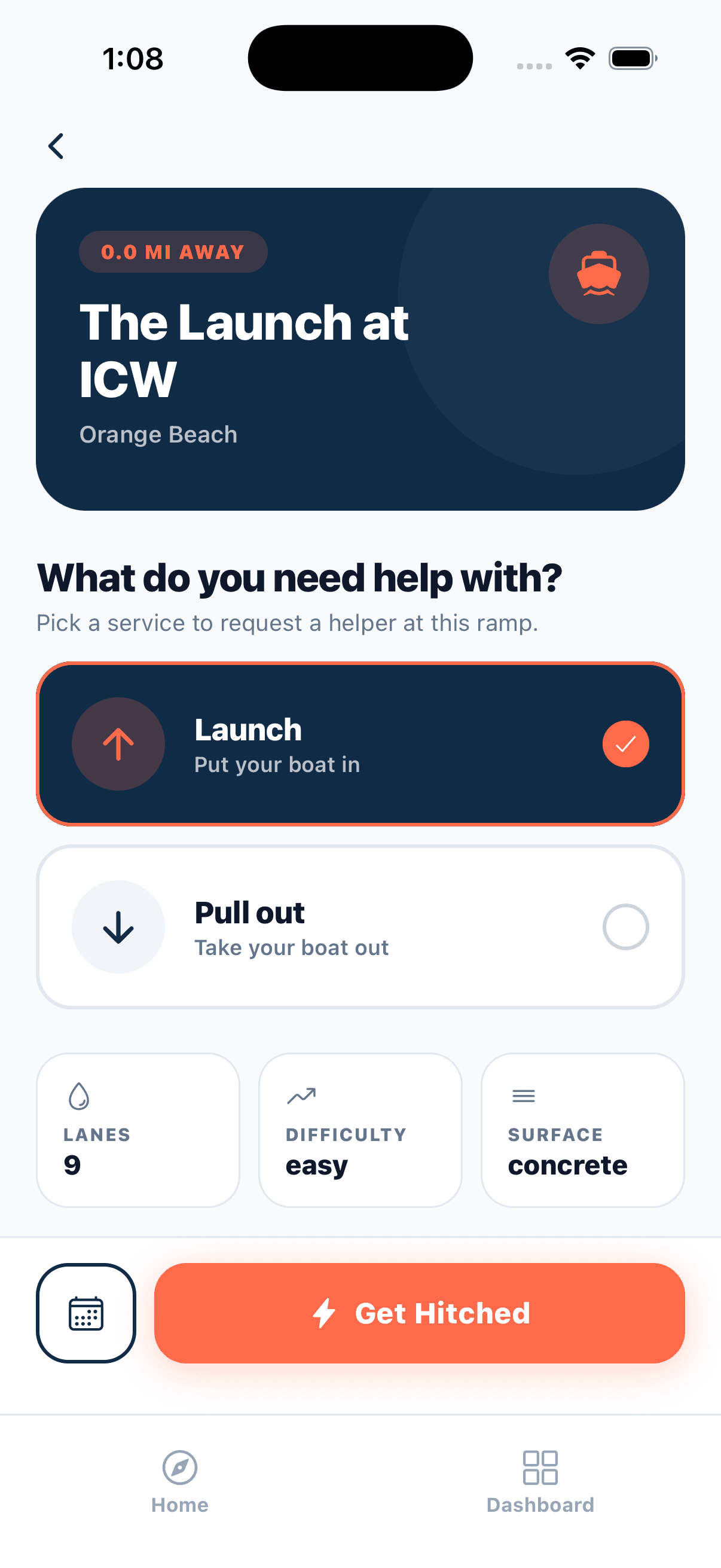 Hitched app screenshot: choosing launch or pull out at The Launch at ICW